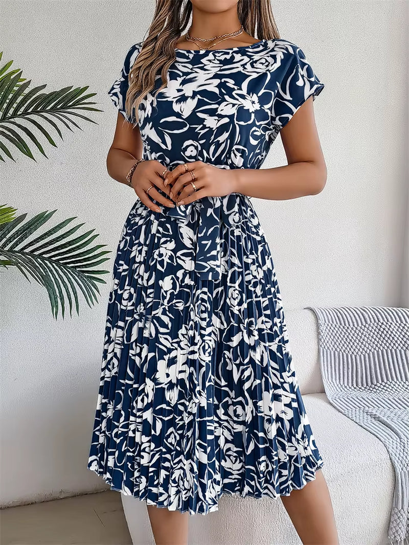 Chic Floral Pleated A-Line Dress for Women - Perfect for Spring and Summer