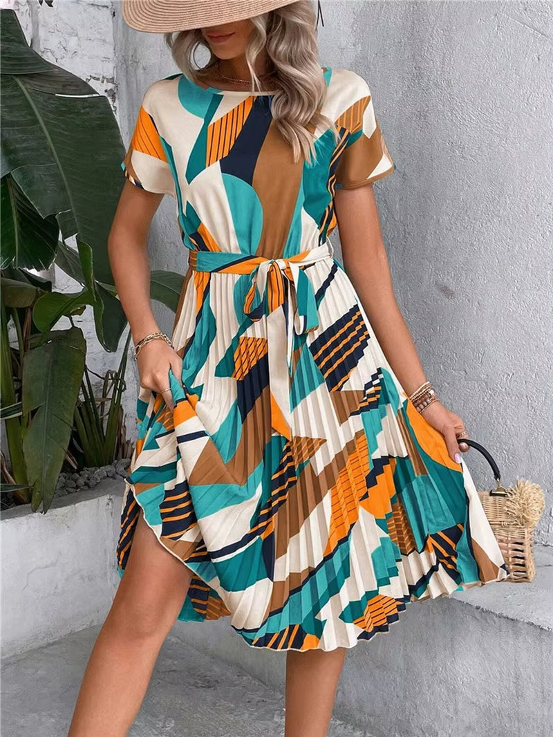 Chic Floral Pleated A-Line Dress for Women - Perfect for Spring and Summer