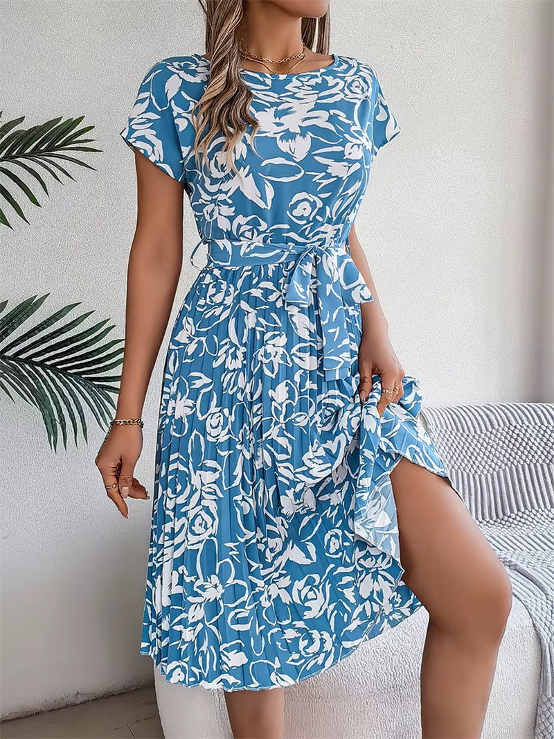 Chic Floral Pleated A-Line Dress for Women - Perfect for Spring and Summer