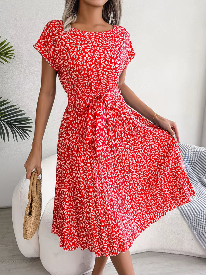 Chic Floral Pleated A-Line Dress for Women - Perfect for Spring and Summer