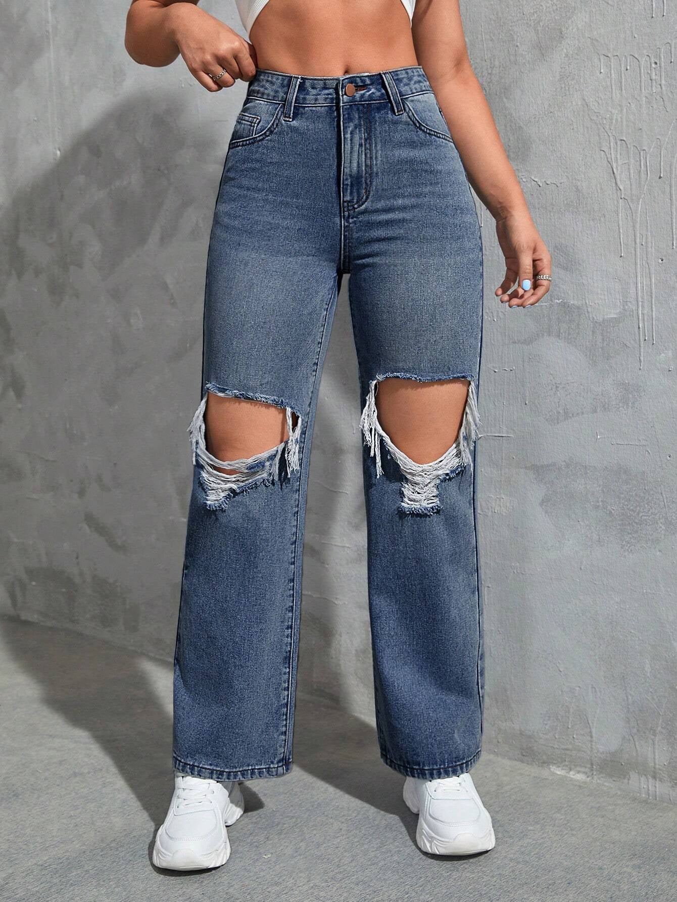 Elevate Your Casual Look with SHEIN Ezwear Cut Out Ripped Jeans - Dark Wash Boyfriend Fit
