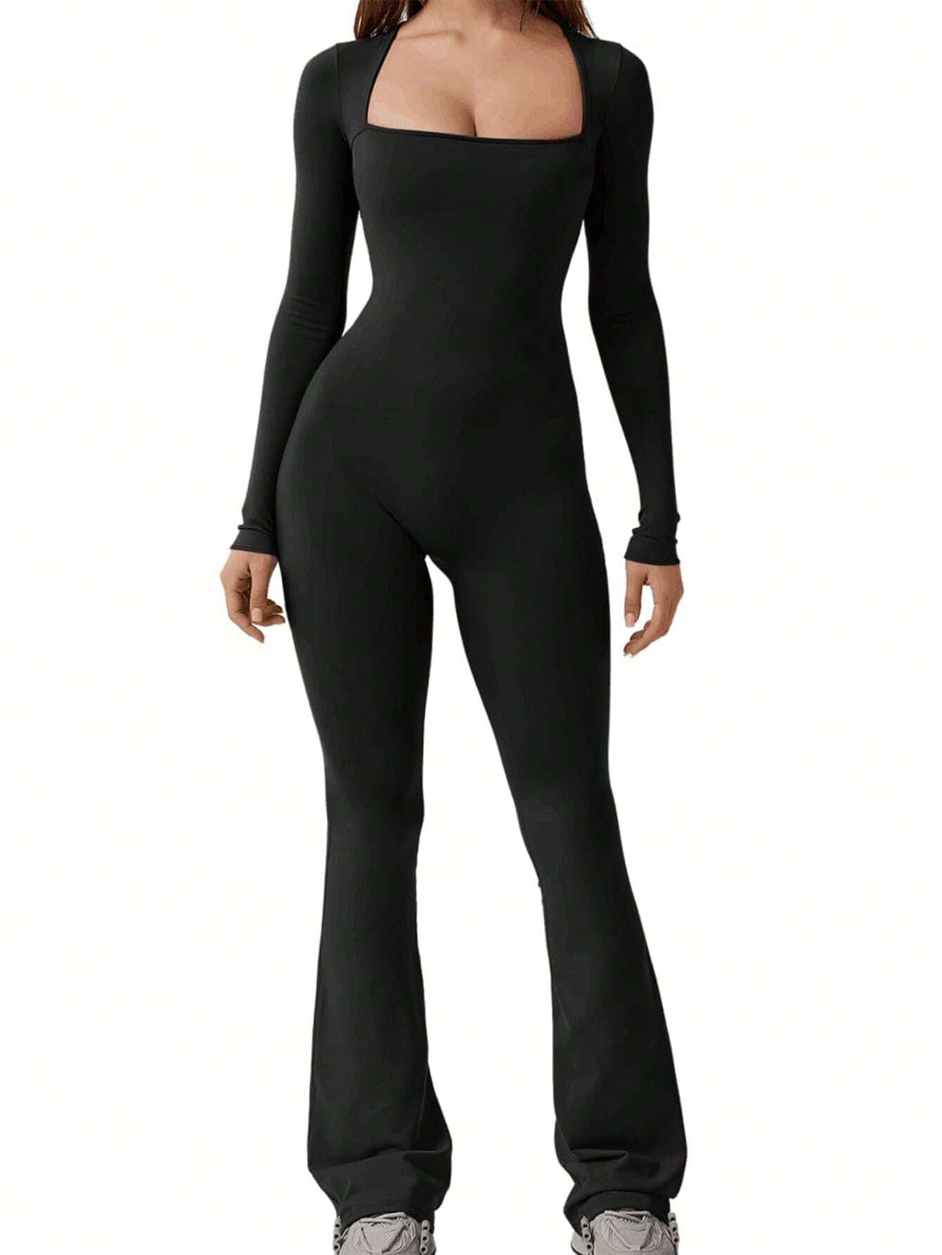 Elevate Your Style with the INAWLY Women's Square Neck Long Sleeve Flare Jumpsuit - Perfect for Fall!