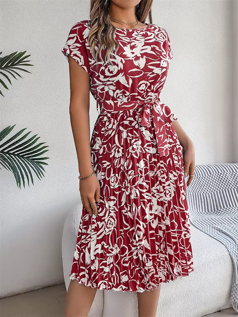 Chic Floral Pleated A-Line Dress for Women - Perfect for Spring and Summer