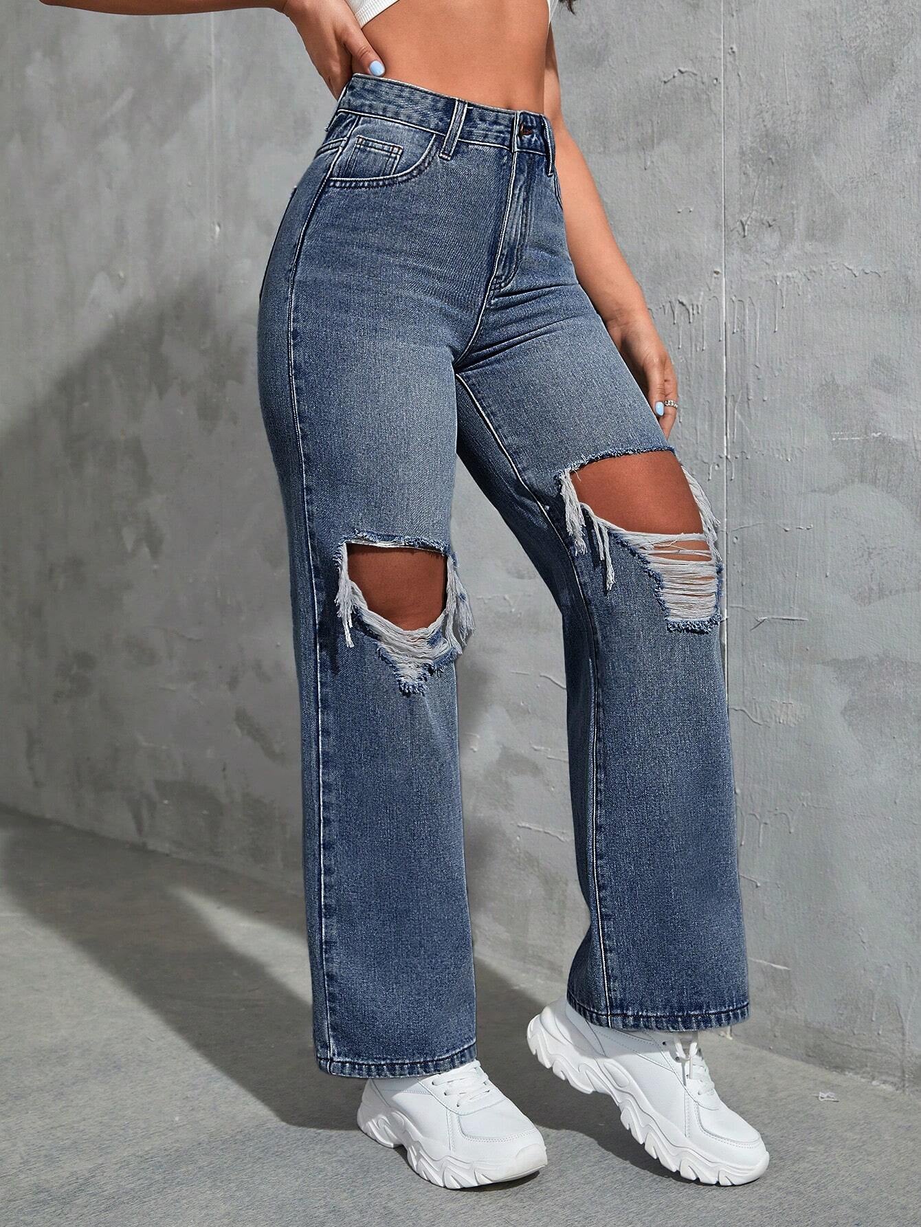 Elevate Your Casual Look with SHEIN Ezwear Cut Out Ripped Jeans - Dark Wash Boyfriend Fit