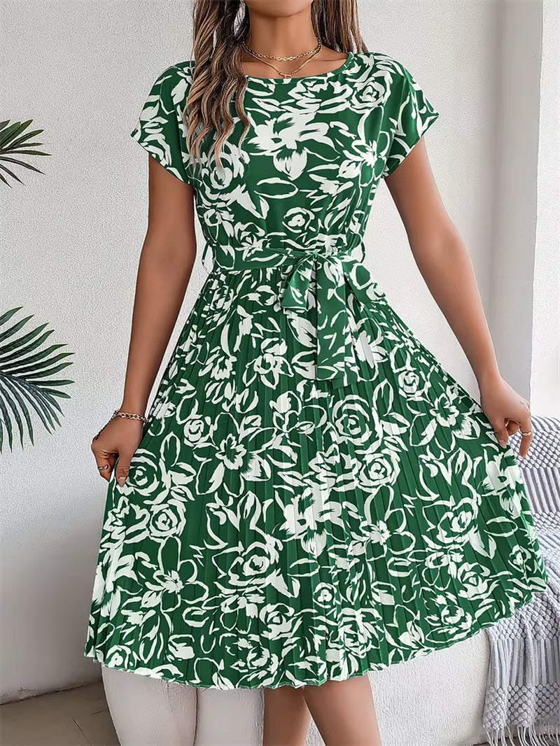 Chic Floral Pleated A-Line Dress for Women - Perfect for Spring and Summer