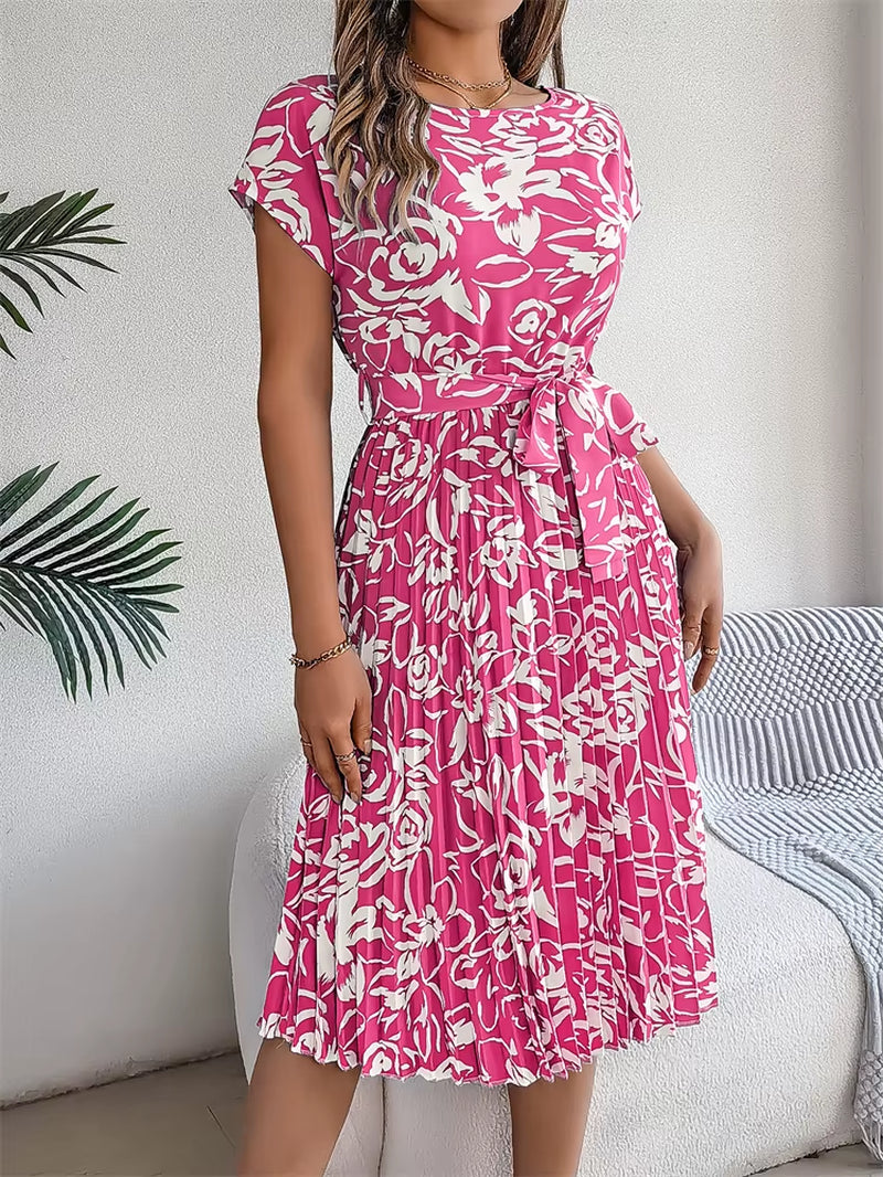 Chic Floral Pleated A-Line Dress for Women - Perfect for Spring and Summer